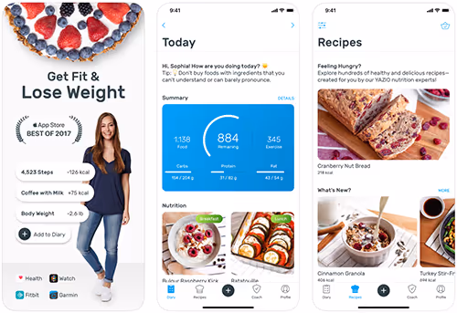 Diet and nutrition app screens featuring fitness tracking, daily statistics, and healthy recipes