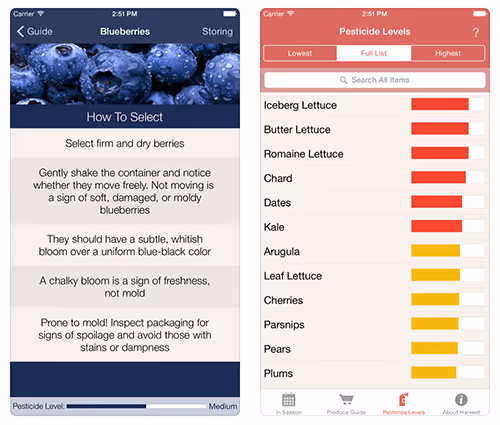 Produce guide app showing blueberry selection tips and pesticide levels for various fruits and vegetables