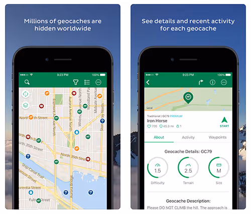 Geocaching app screens showing a map of cache locations and detailed cache information