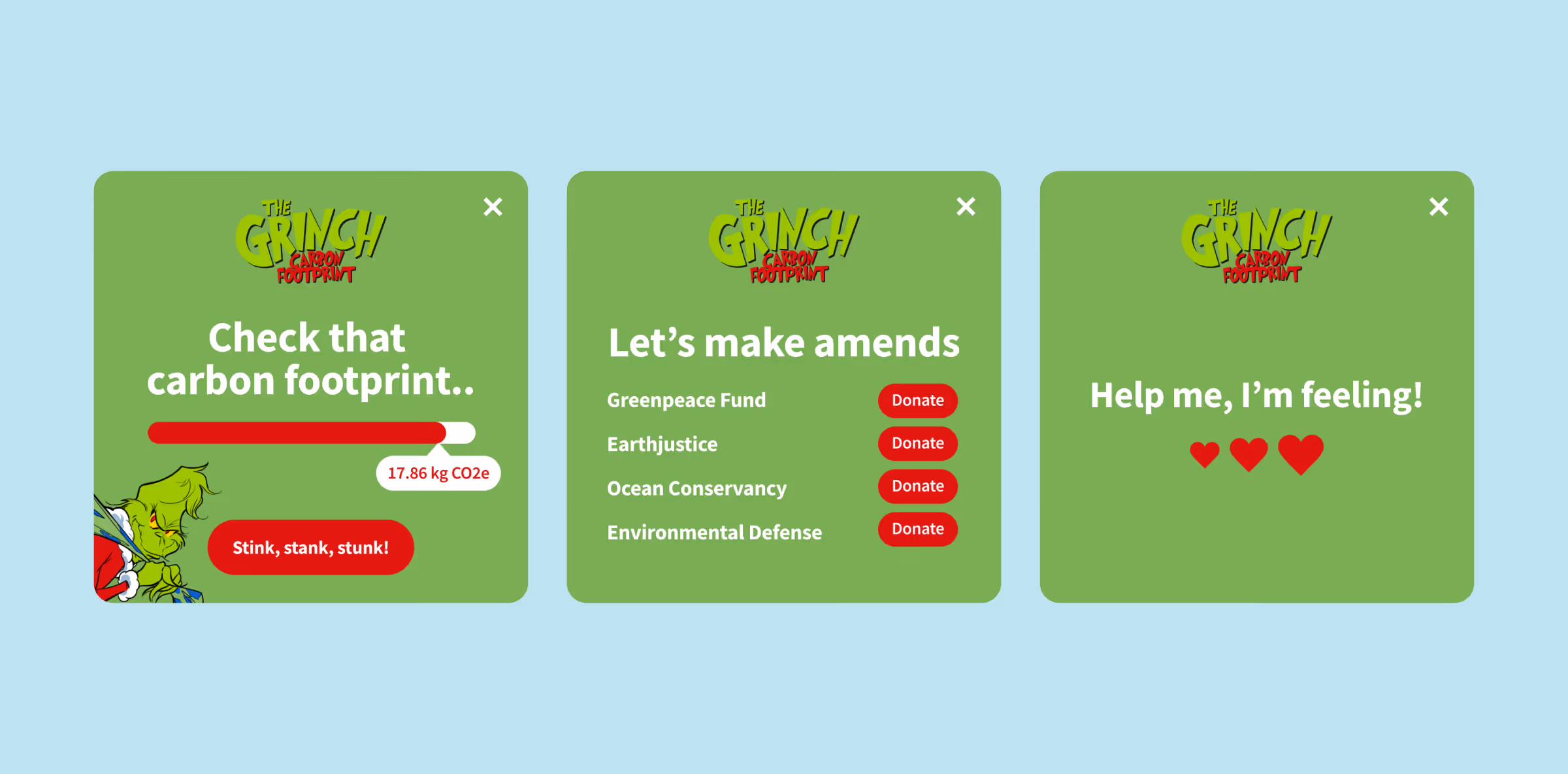 Three plugin screens for The Grinch Carbon Footprint app