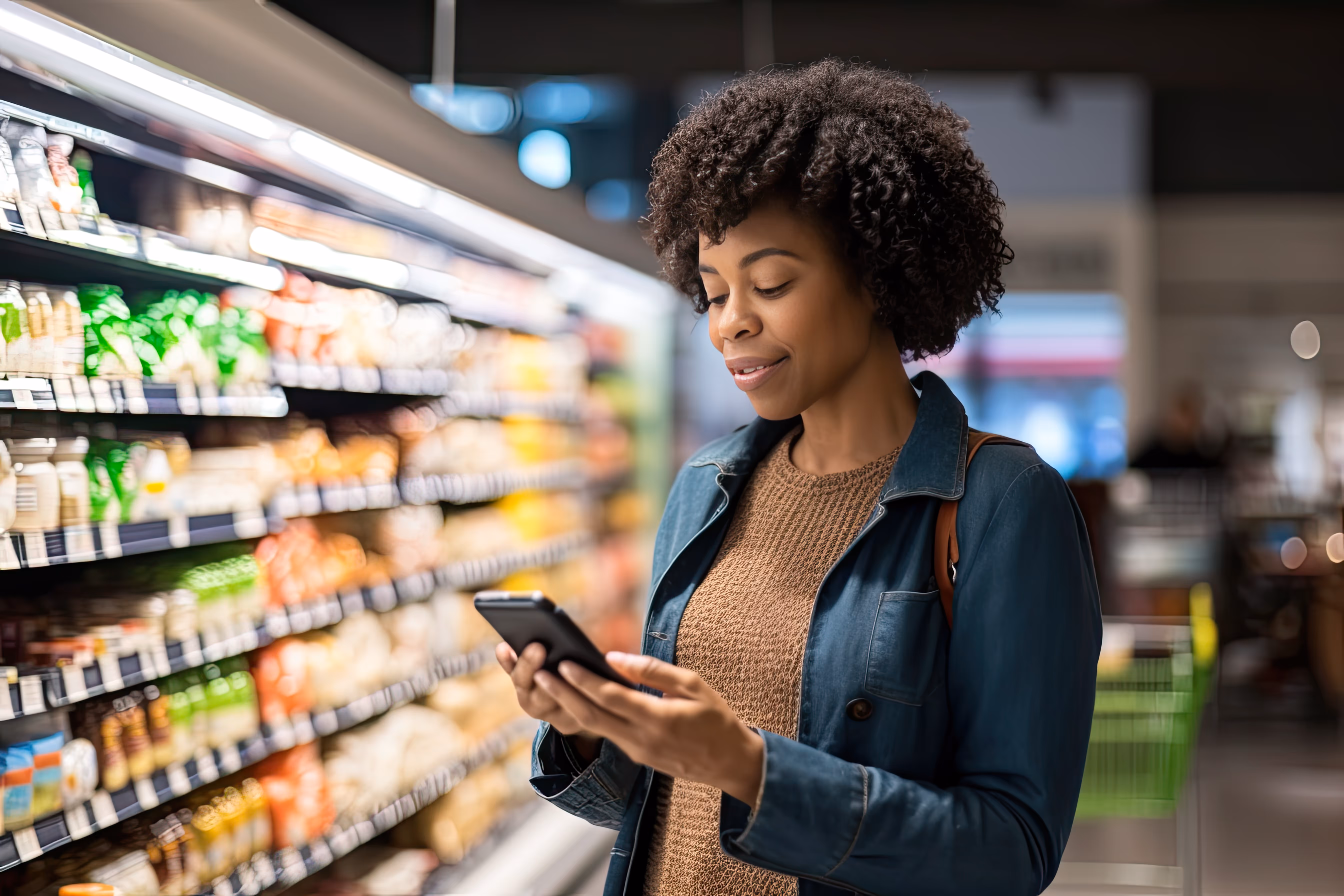 A person stands in a grocery store aisle, looking at their smartphone while holding it with both hands. Shelves stocked with various products are visible in the background.