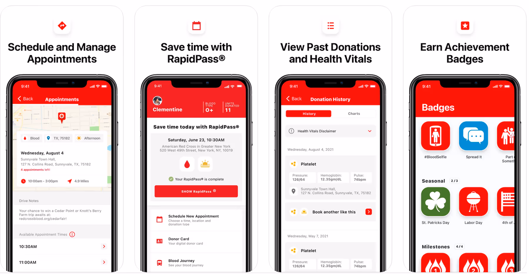 Four smartphone screens showcasing key features of the American Red Cross Blood Donor app: scheduling, RapidPass®, donation history, and achievement badges.