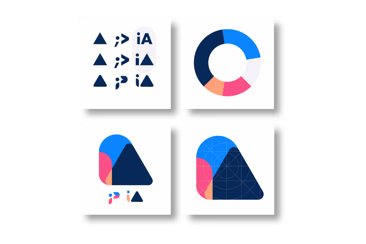 InspiringApps brand elements showing logo variations with triangles, letterforms, color wheel, and full logo in blue, navy, pink, and orange.