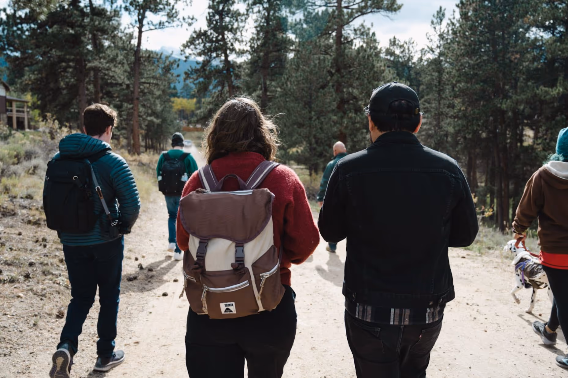 Group hiking on mountain trail from behind.