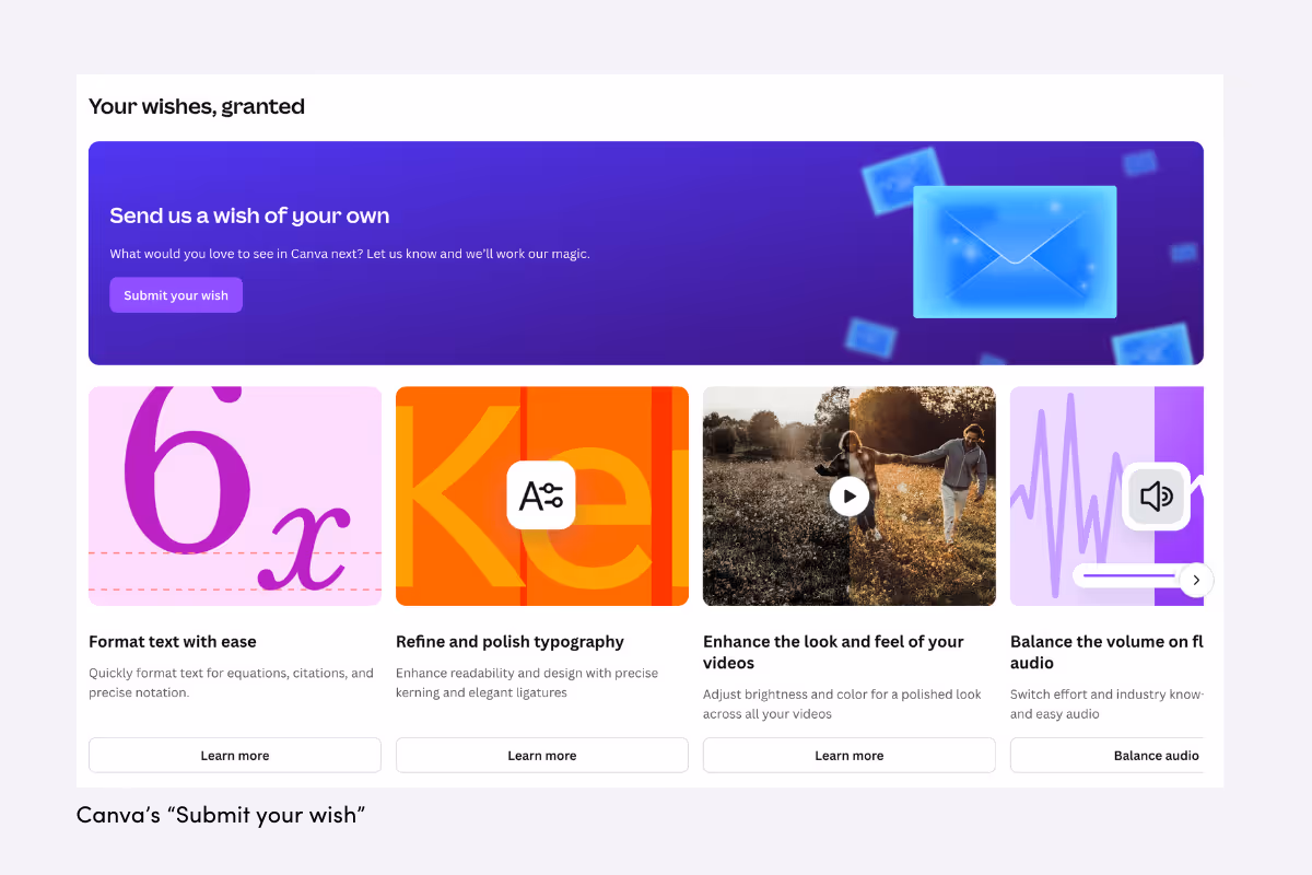 Canva's "Submit your wish" feature request interface with options to format text, refine typography, enhance videos, and balance audio.