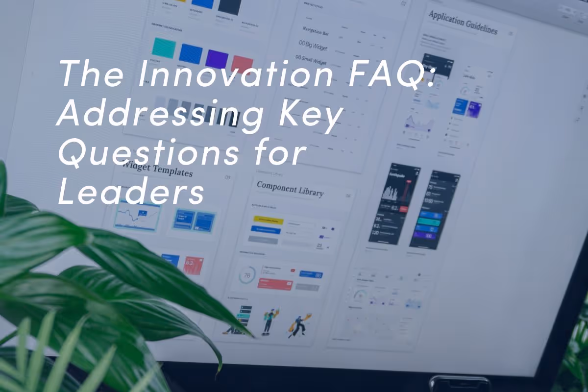 Design system documentation on screen with UI components and templates, addressing key innovation questions for leaders.