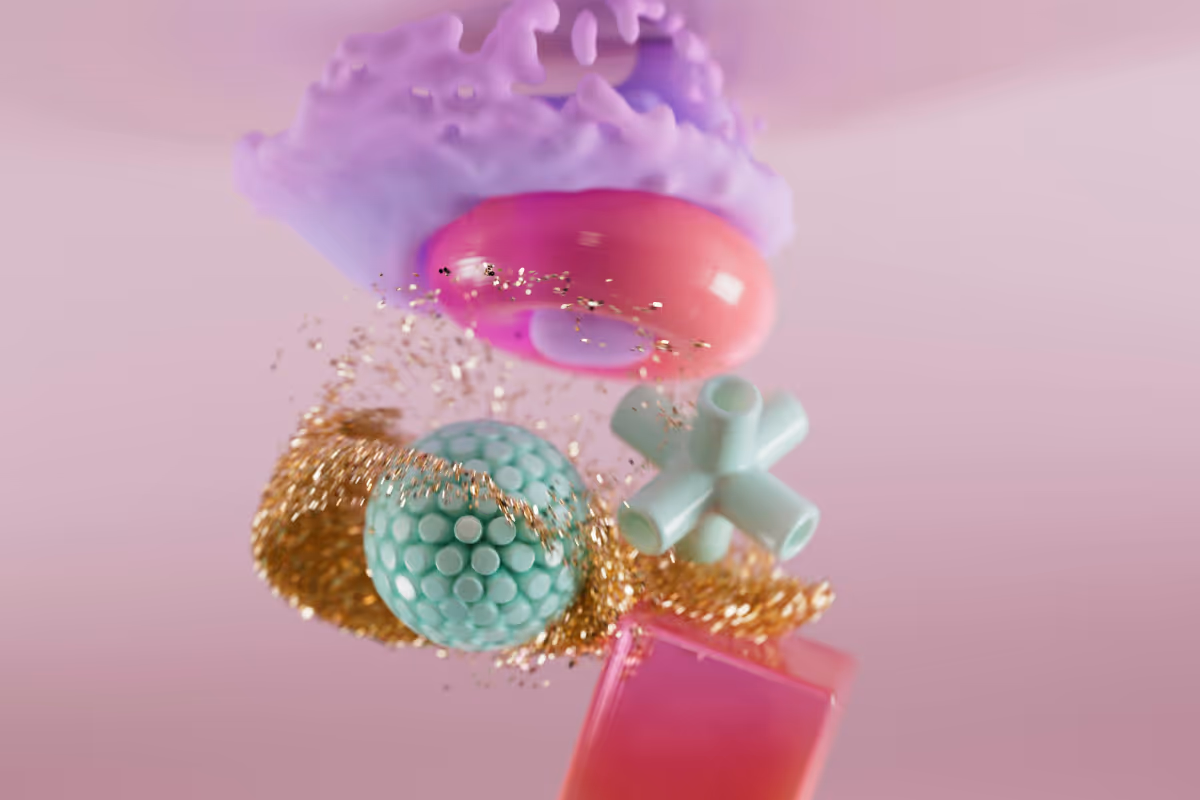 Colorful 3D geometric shapes including spheres and abstract forms with golden particles against gradient background, illustrating AI and machine learning concepts