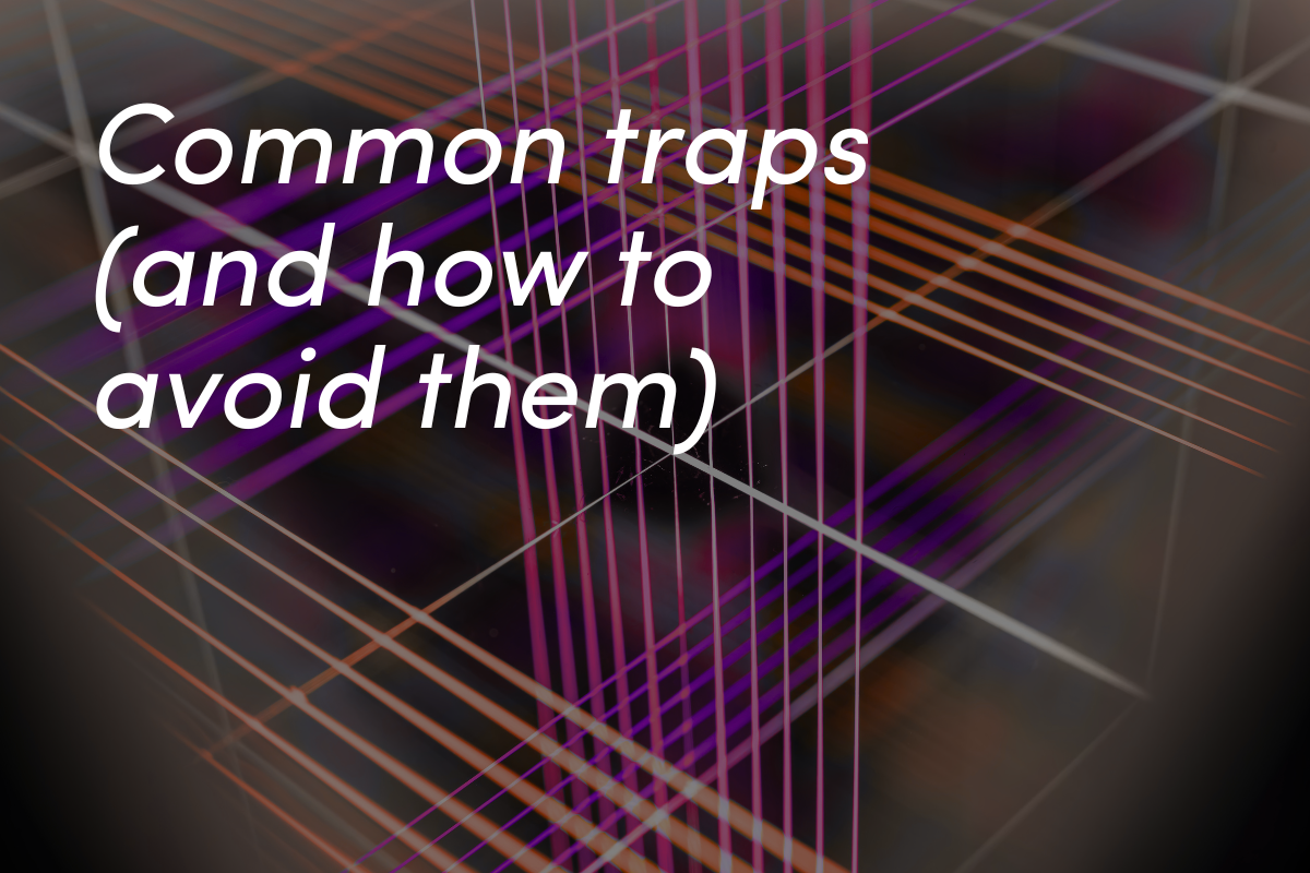 Intersecting geometric lines and grid patterns in purple, orange, and pink creating dimensional perspective.