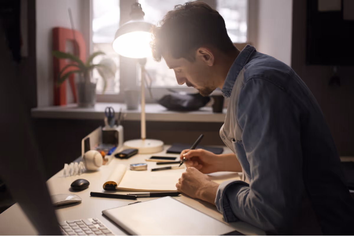 Software developer sketching app wireframes and prototypes at illuminated desk workspace