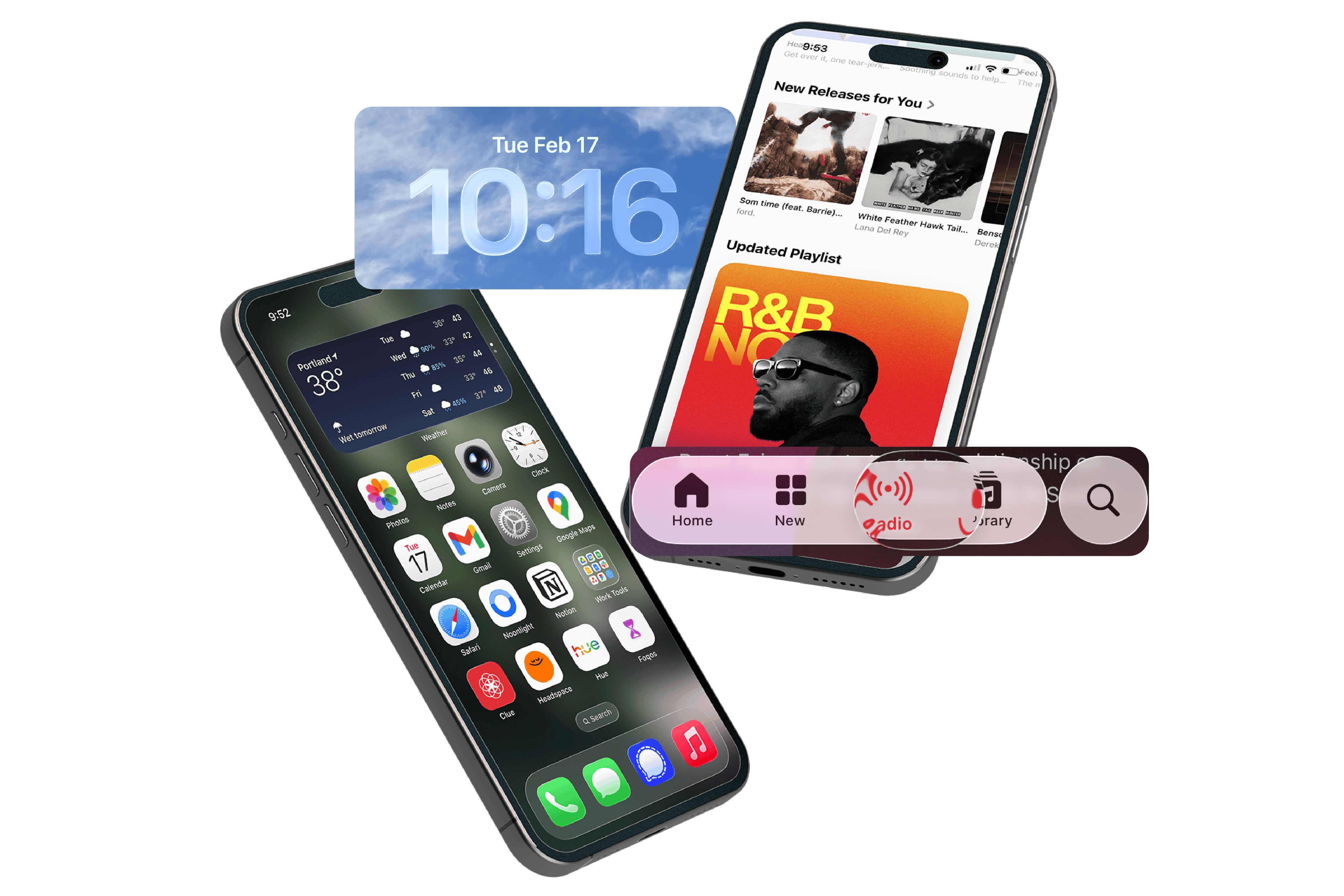 Two iPhones with liquid glass design elements