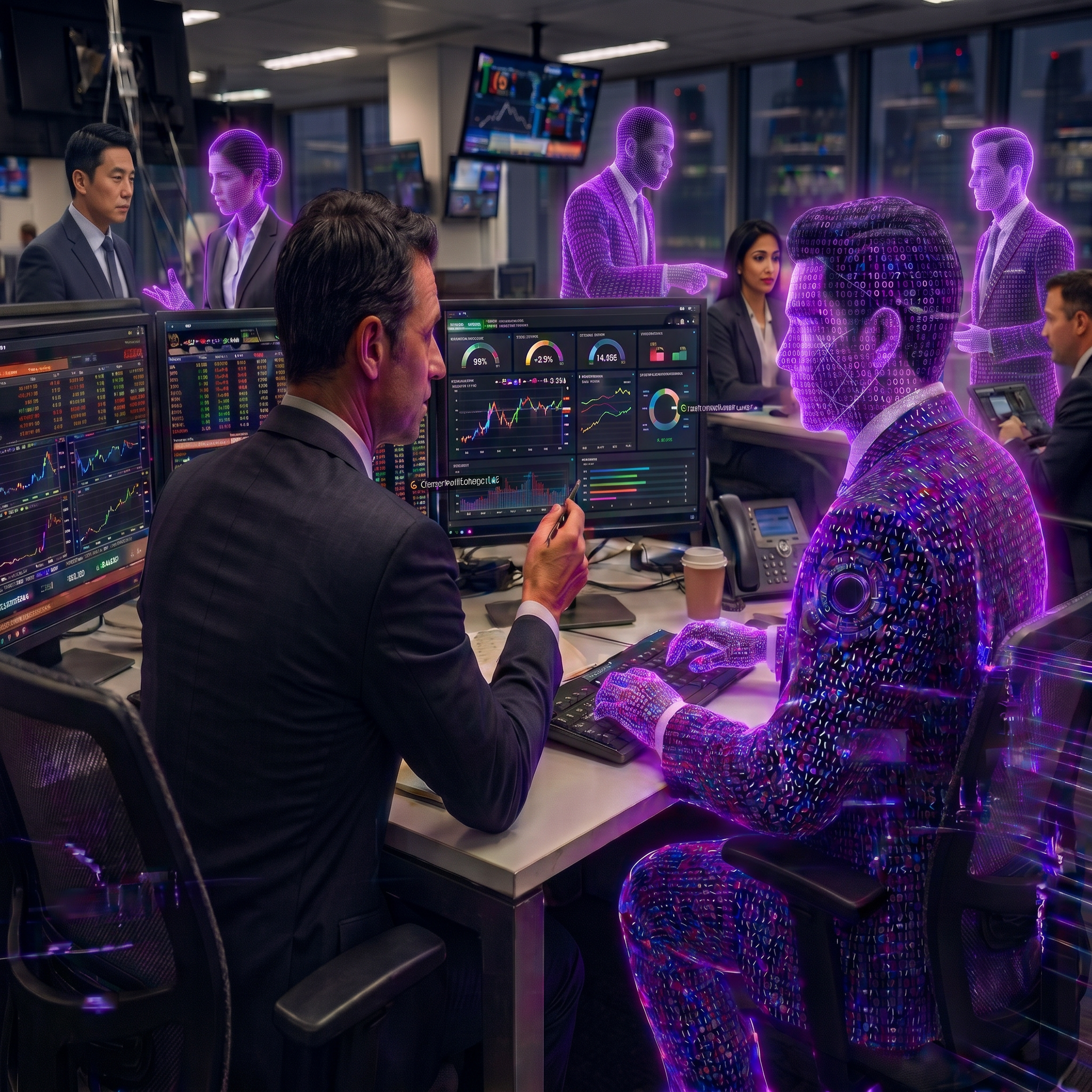 Investment professionals working alongside Kelly, Omega Point’s AI agent, on a trading floor
