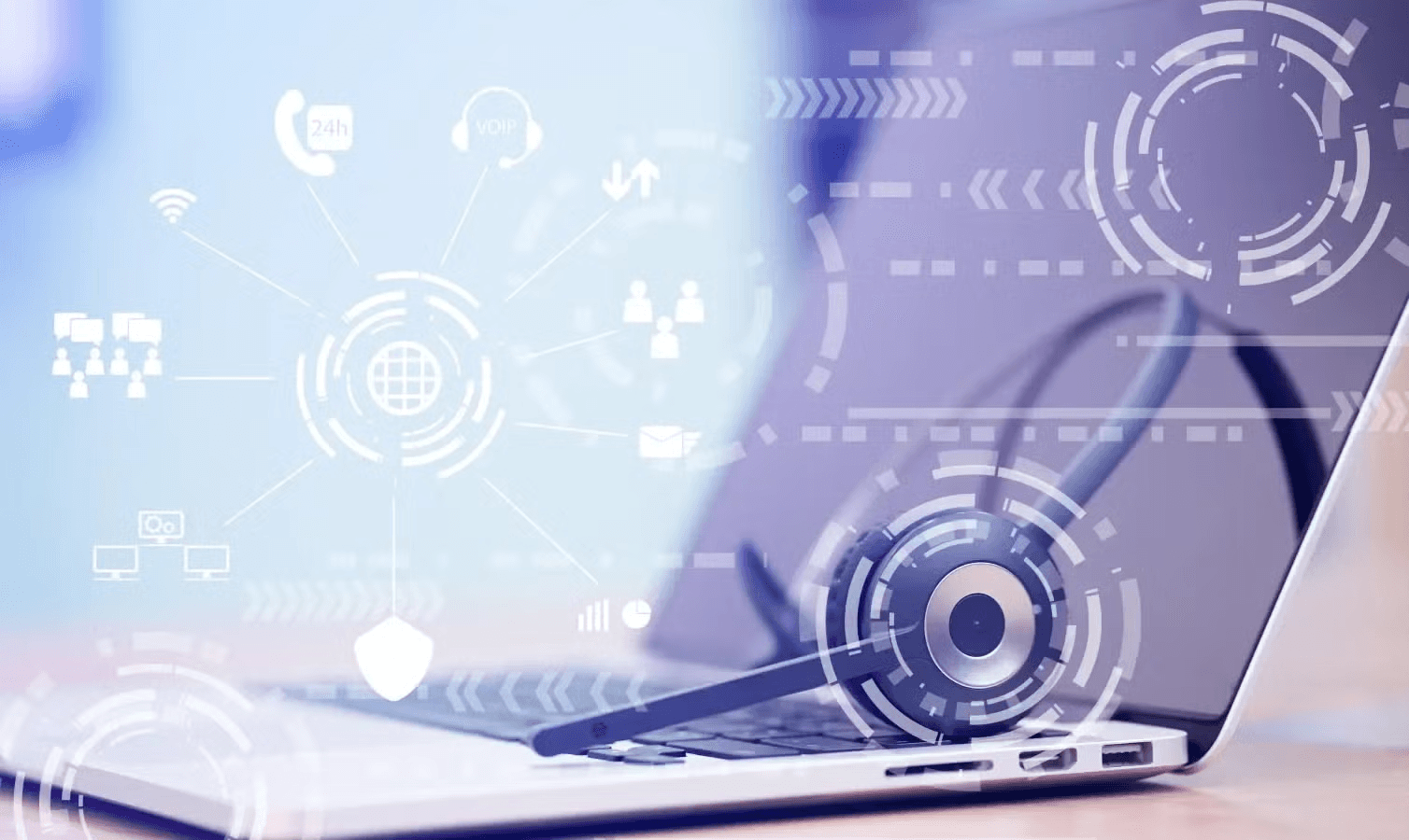Headset on laptop with communication icons - Call Center Optimization