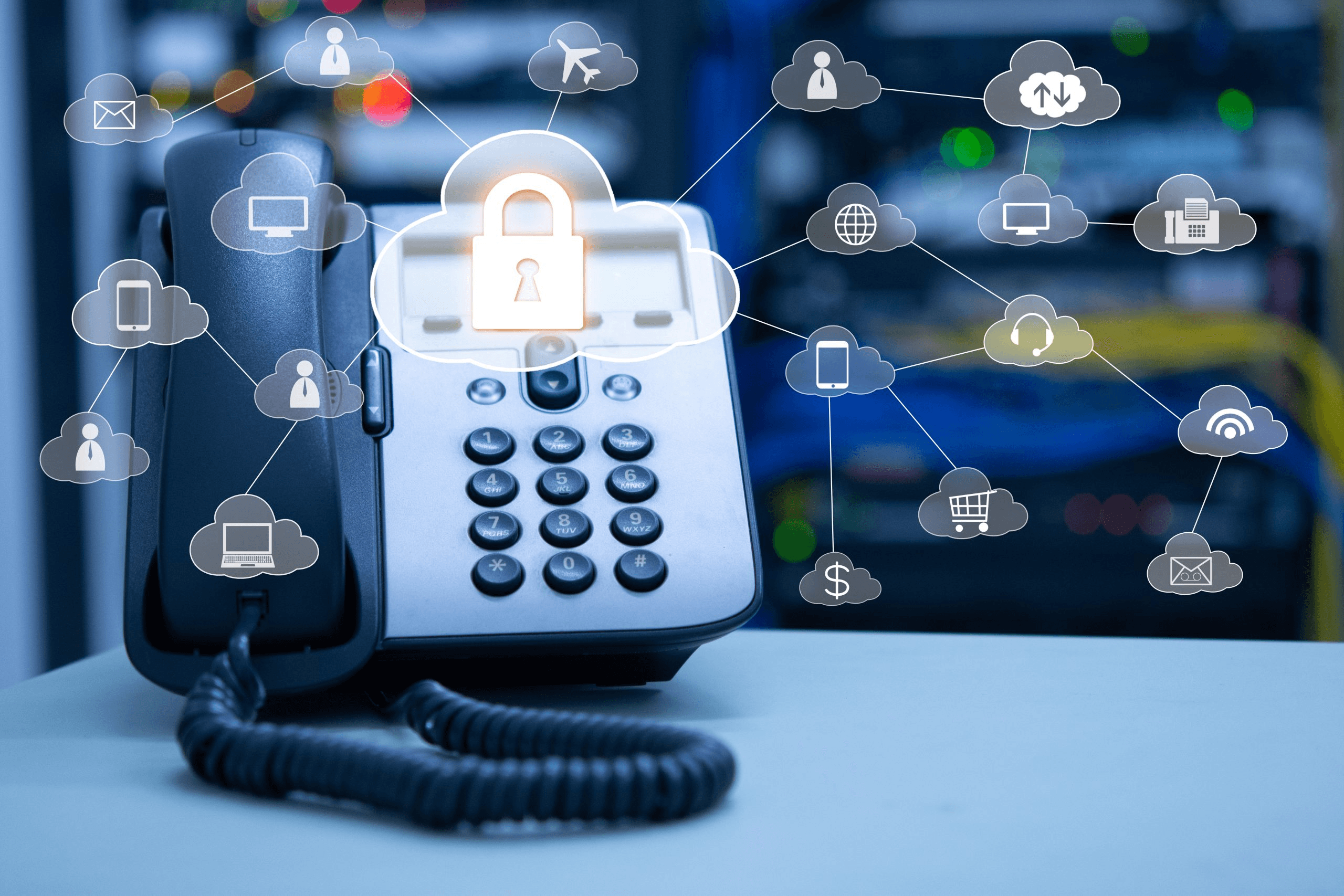 Secure VoIP desk phone with cloud icons - Call Center Security Best Practices
