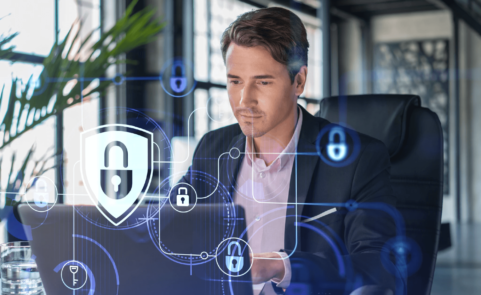 Man working on secure laptop interface - Call Center Security Best Practices