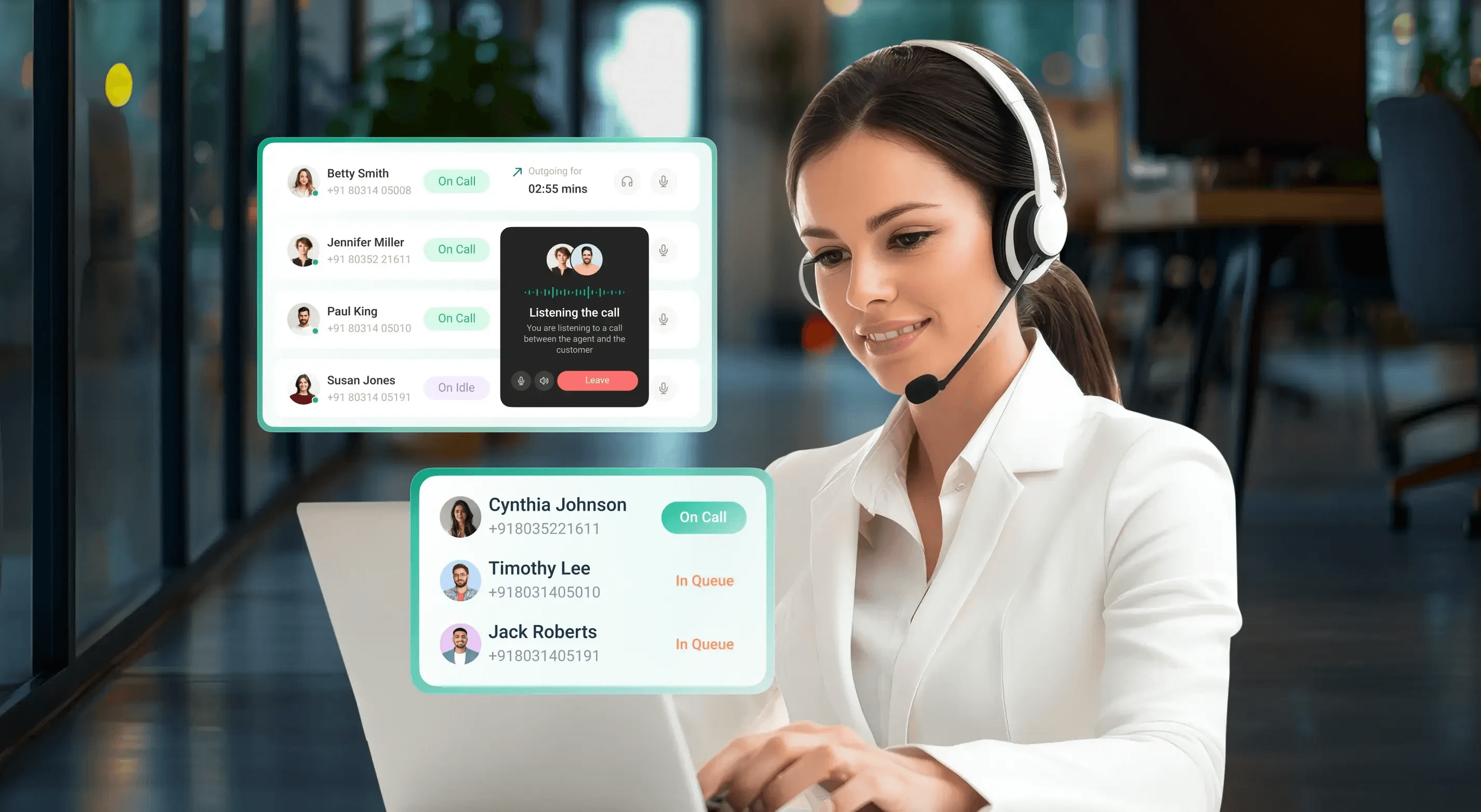  Woman using call center software interface - Real-Time Monitoring in Call Center