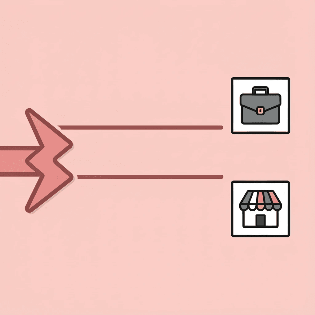 One path leading to enterprise businesses (checkmark), another to small businesses (X)