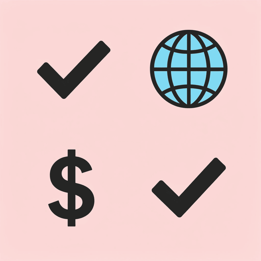 Four-icon grid showing delivery, compliance, global reach, and cost savings