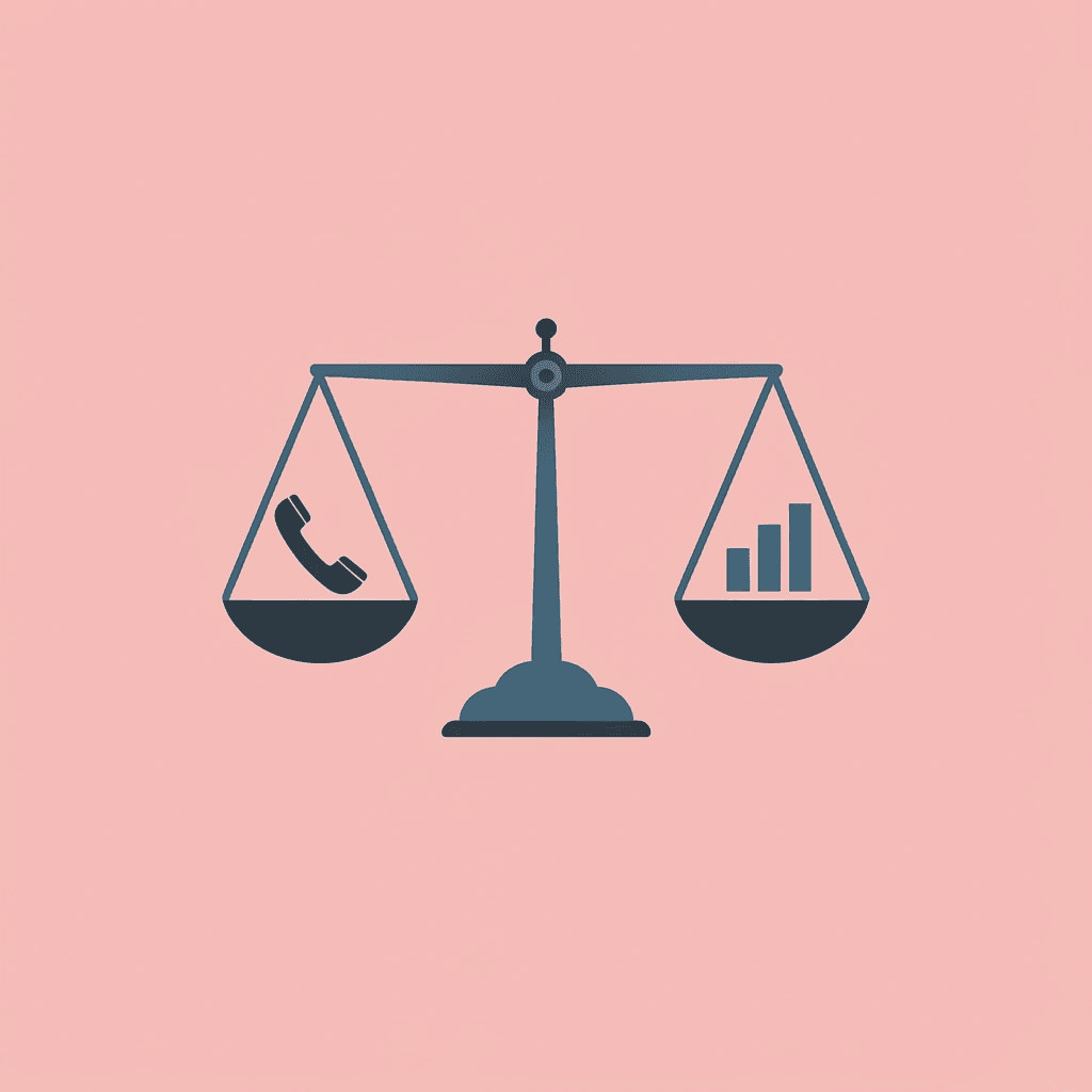 Balance scale comparing call volume capacity on one side and sales methodology on the other