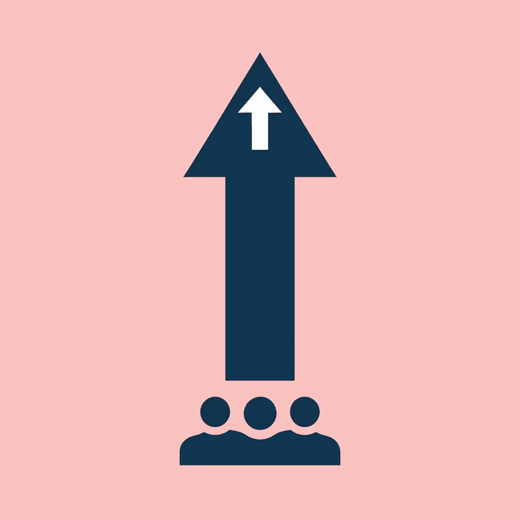 Upward arrow showing growth trajectory with team size and call volume increasing
