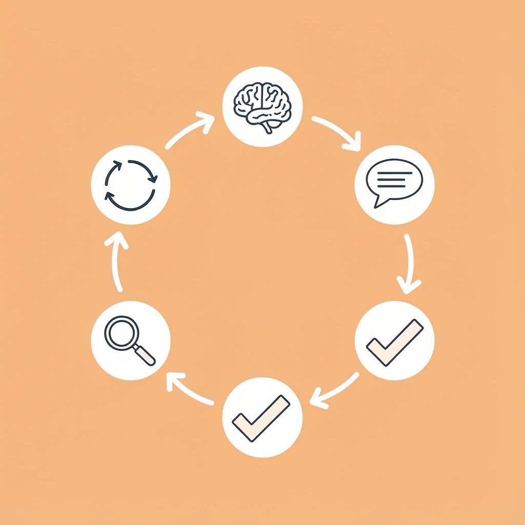 Circular diagram showing how conversational AI tracks messages, learns from conversations, and improves responses in a continuous cycle