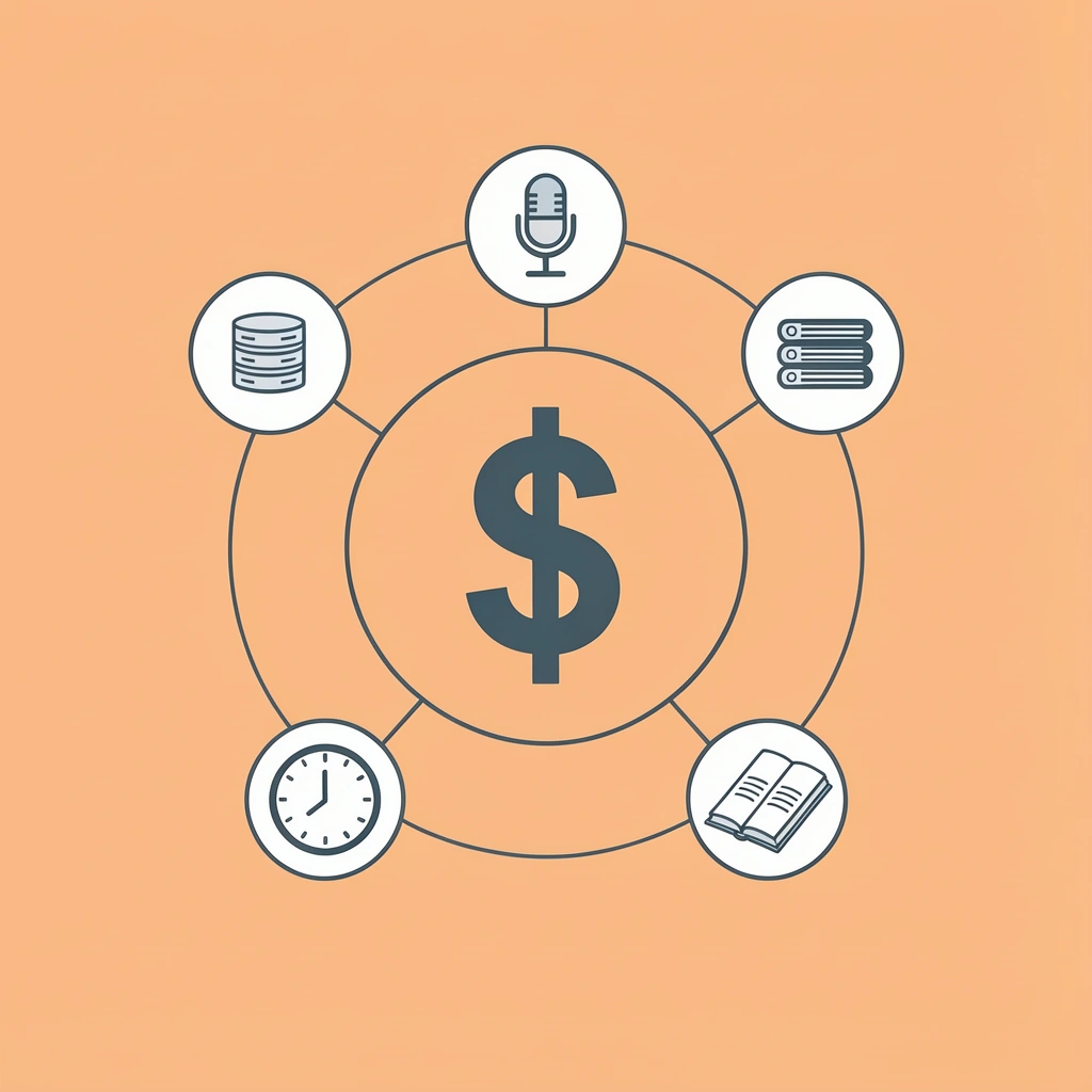  Central budget icon connected to four surrounding cost categories: voice processing, transcription, storage, and integration
