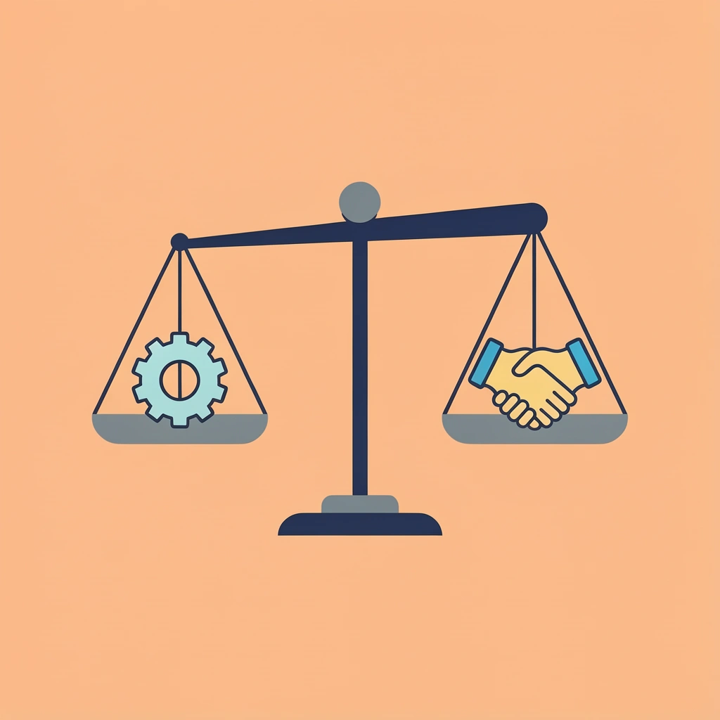 Balance scale comparing AI-handled tasks on one side with human expertise on the other