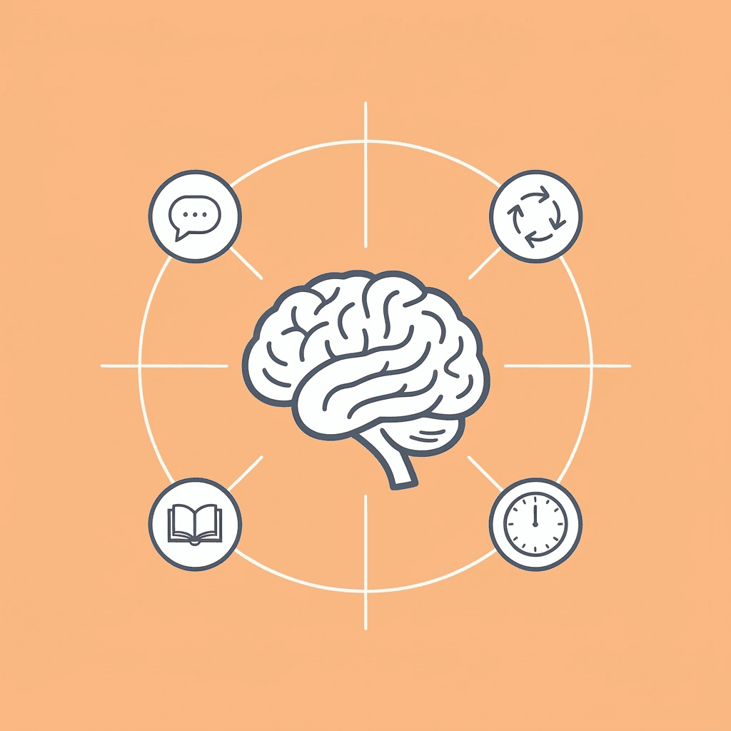 Central AI hub connected to four surrounding concepts: understanding context, remembering conversations, learning patterns, and solving problems