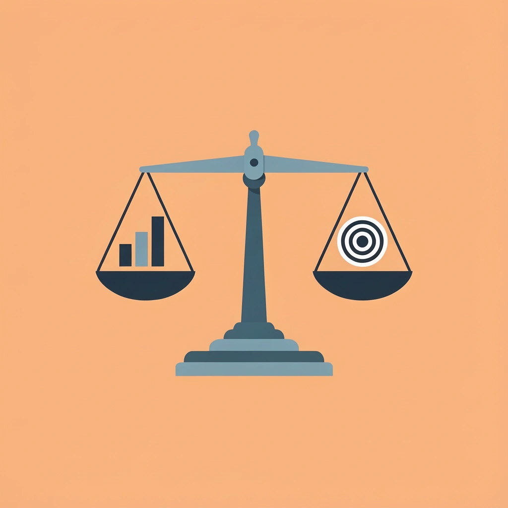Balance scale with 'Quantity' on left side outweighing 'Quality' on right side