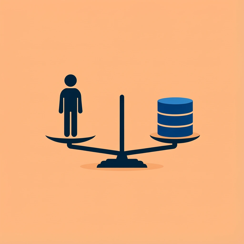 Balance scale comparing a single human conversation on one side to multiple AI-analyzed conversations on the other