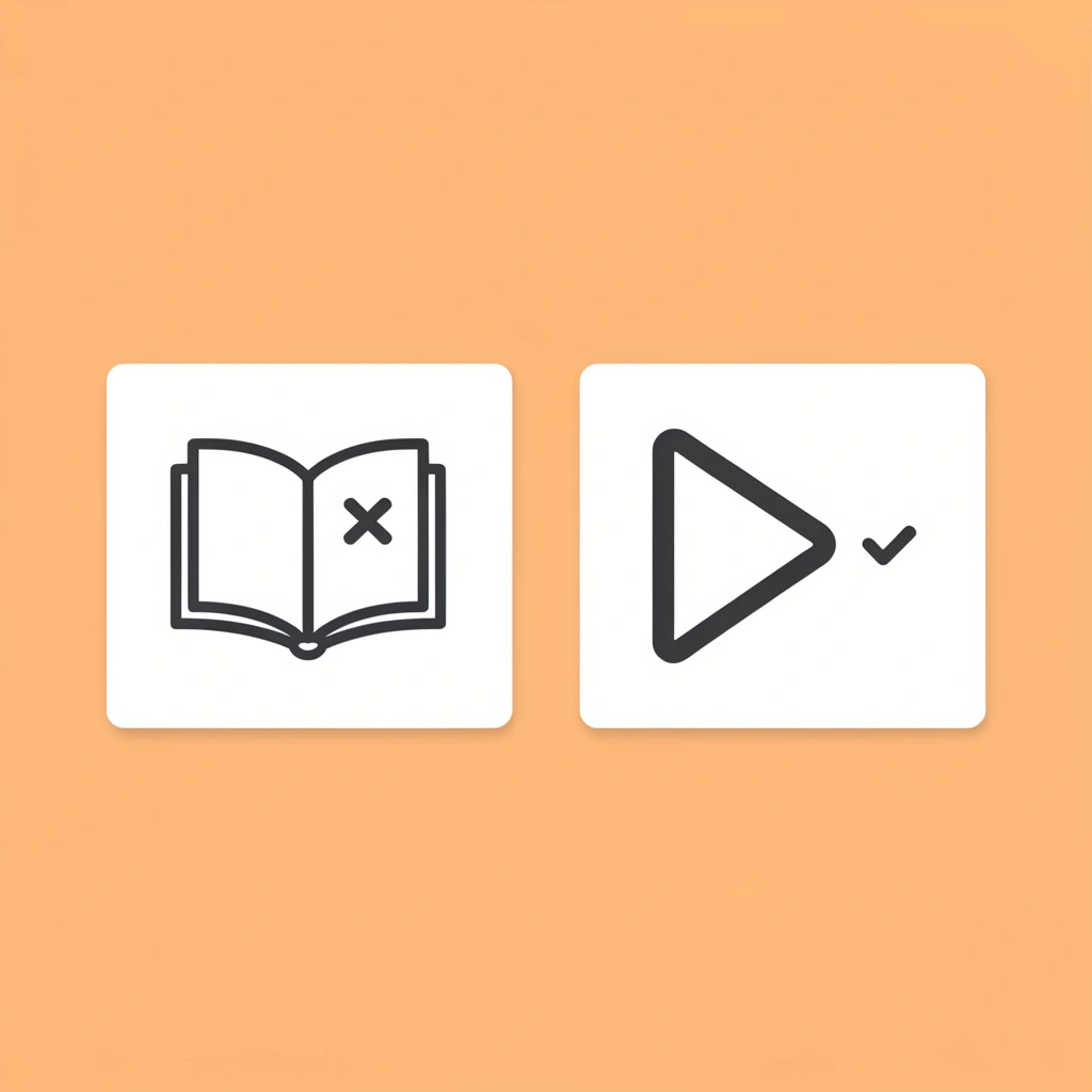 Left side shows document/reading icon with X, right side shows live demo icon with checkmark
