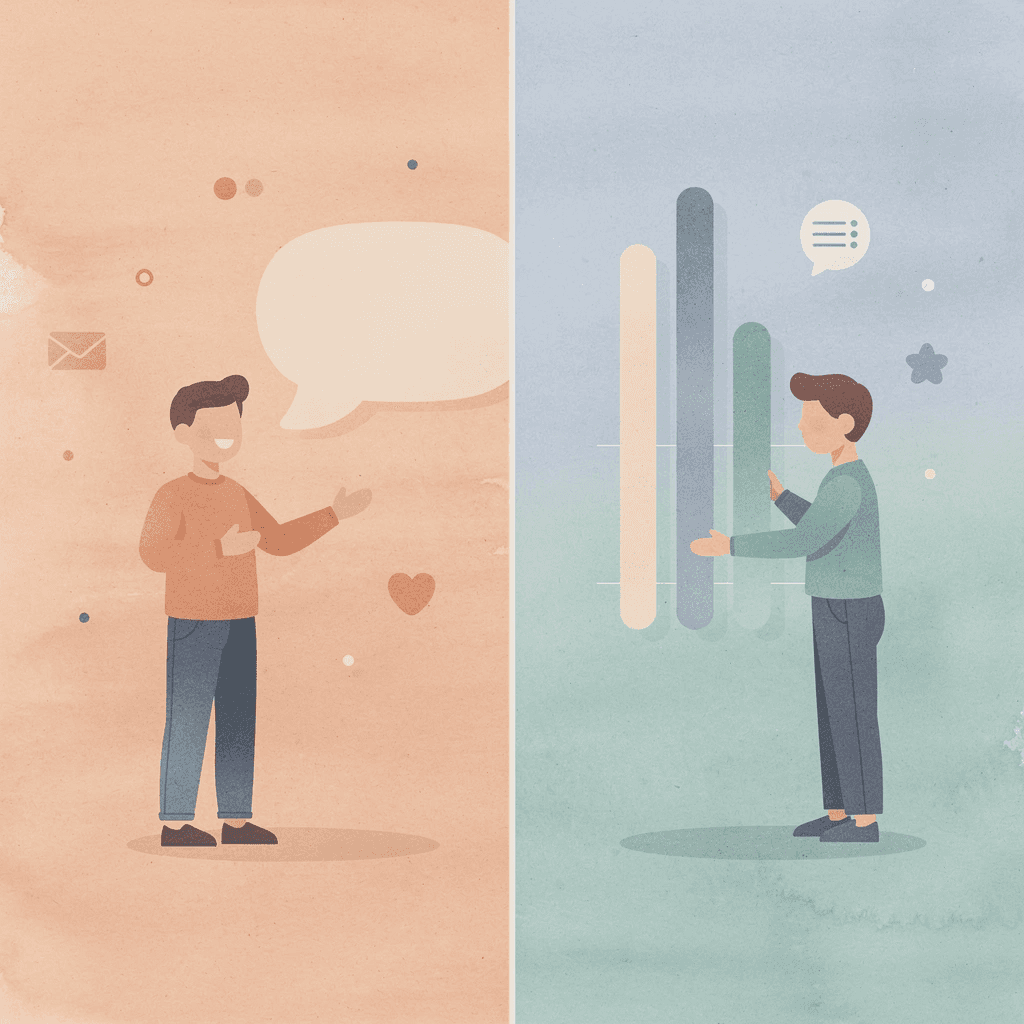 Split scene comparing old rigid phone menu system with modern AI conversation interface - Conversational AI in Telecom