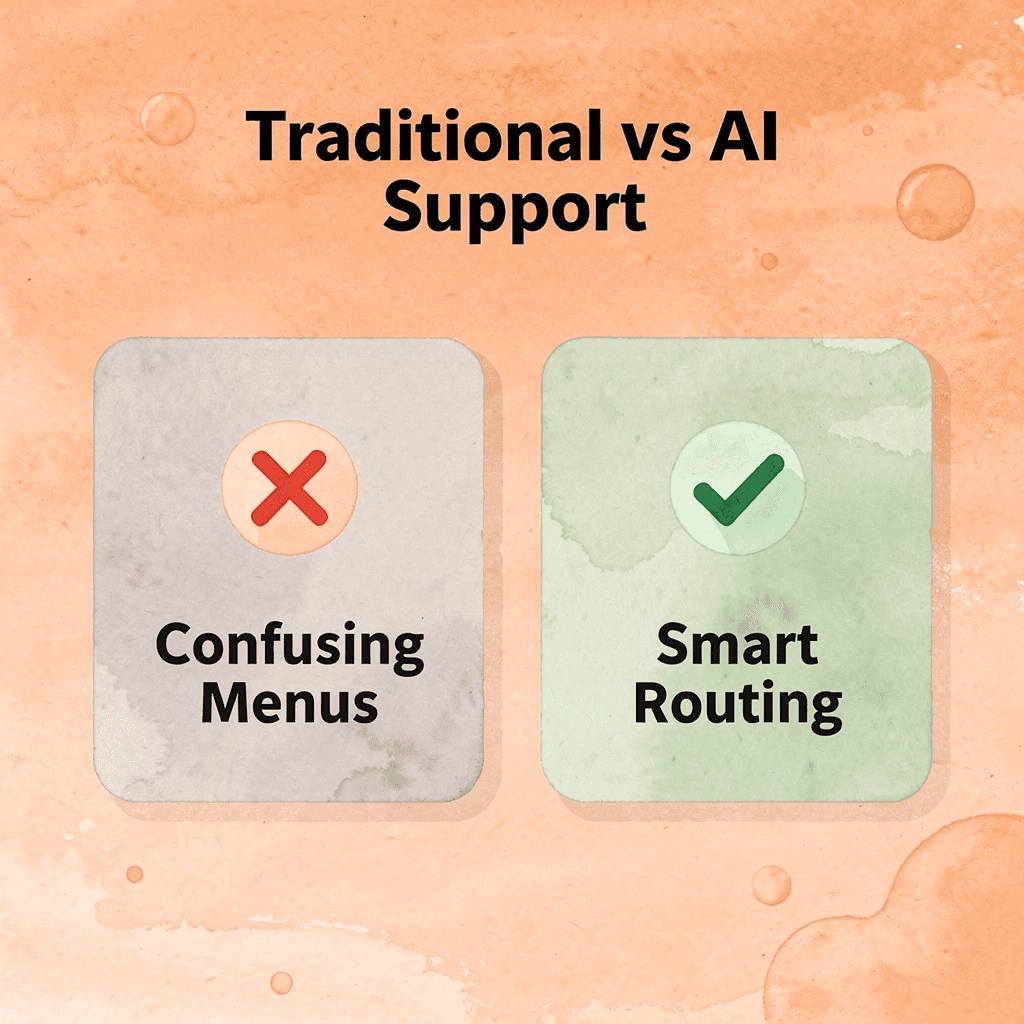 Before and after comparison showing traditional phone menus versus AI-powered routing - Conversational AI in Telecom
