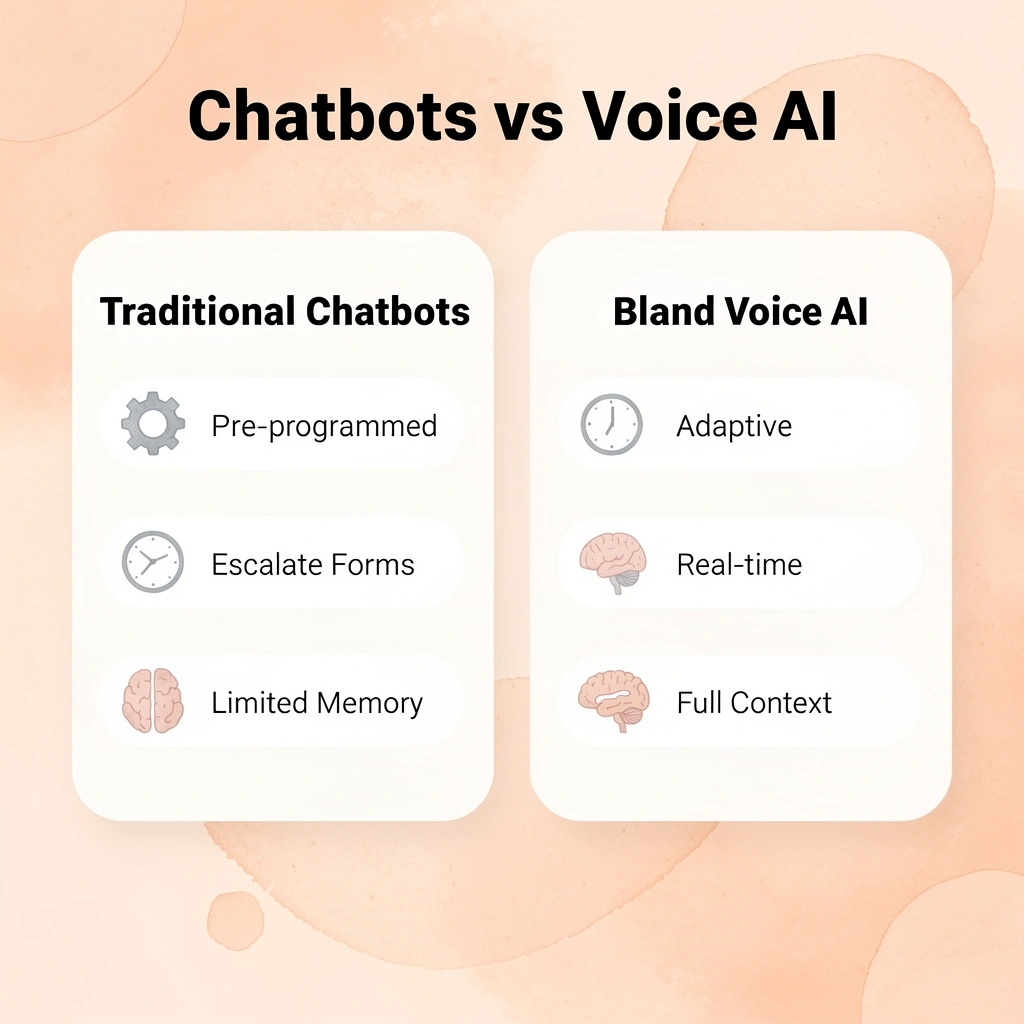 Comparison table showing traditional chatbots versus Bland Voice AI capabilities
