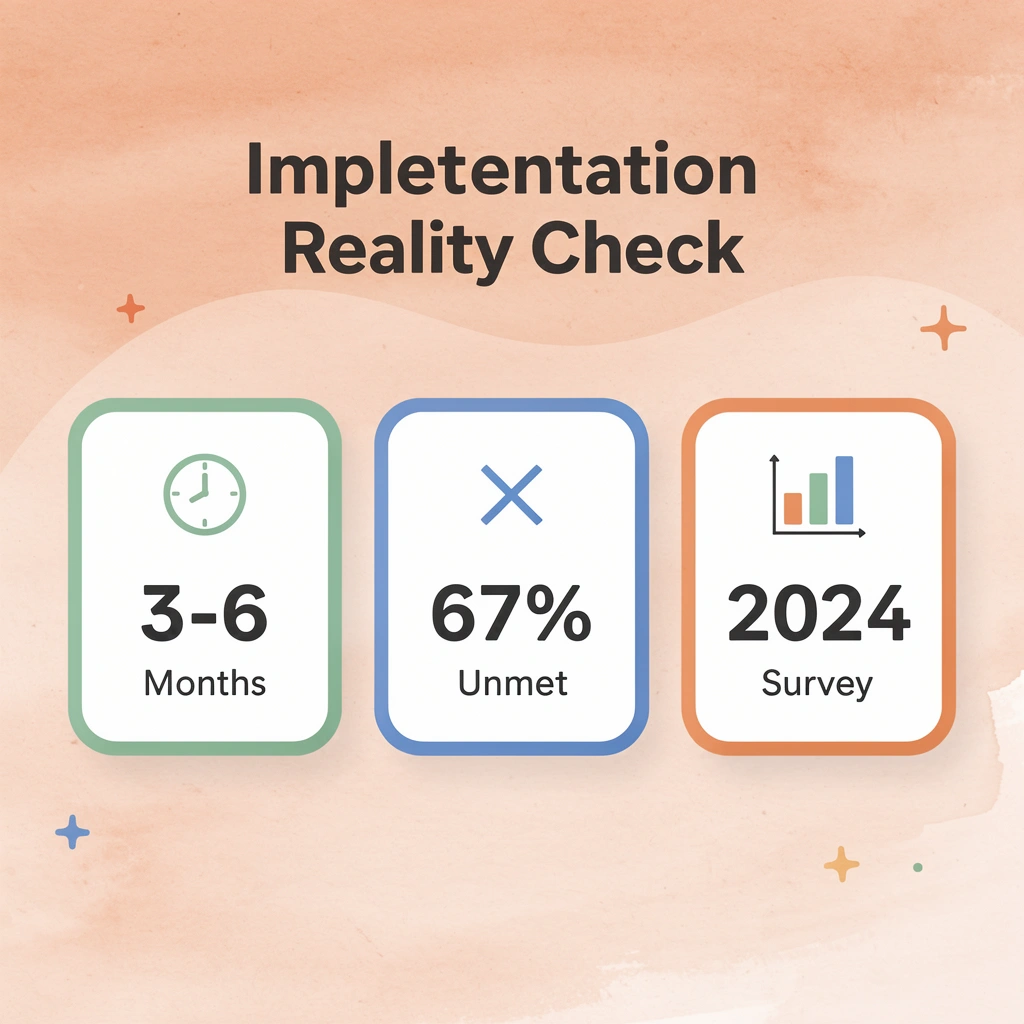 Statistics showing 3-6 months implementation time, 67% unmet expectations, from 2024 survey