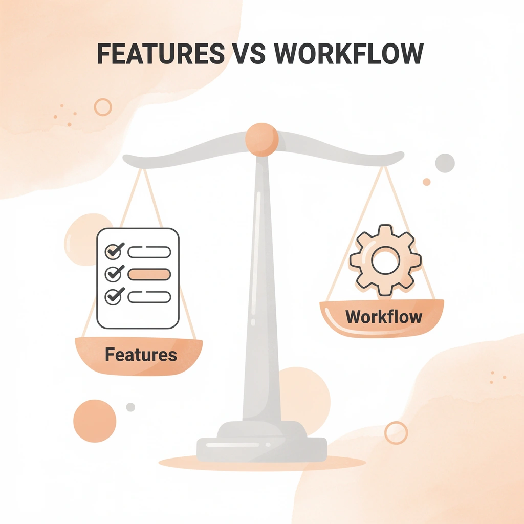 Balance scale comparing features versus workflow compatibility