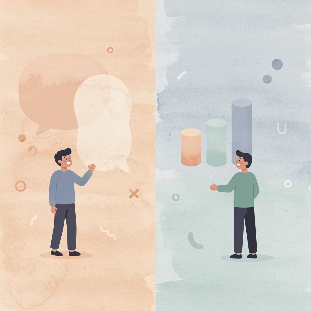 Split scene illustration showing structured workflow on one side and natural conversation on the other