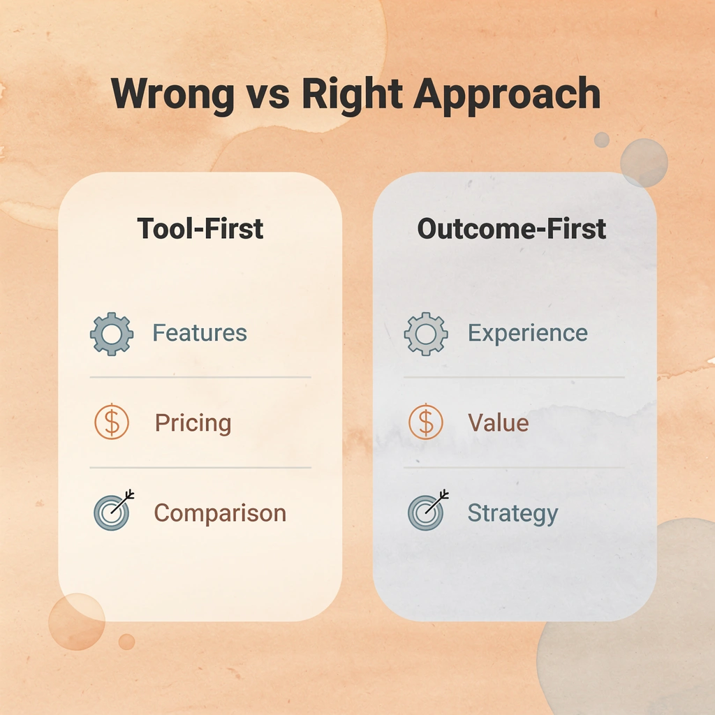 Comparison chart showing tool-first versus outcome-first approaches