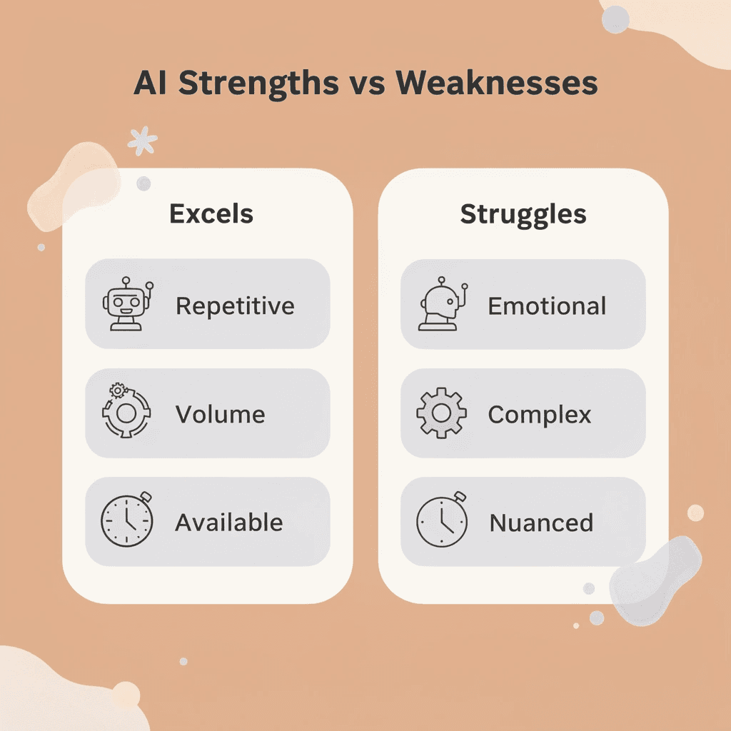 Comparison chart showing where AI excels versus where it struggles