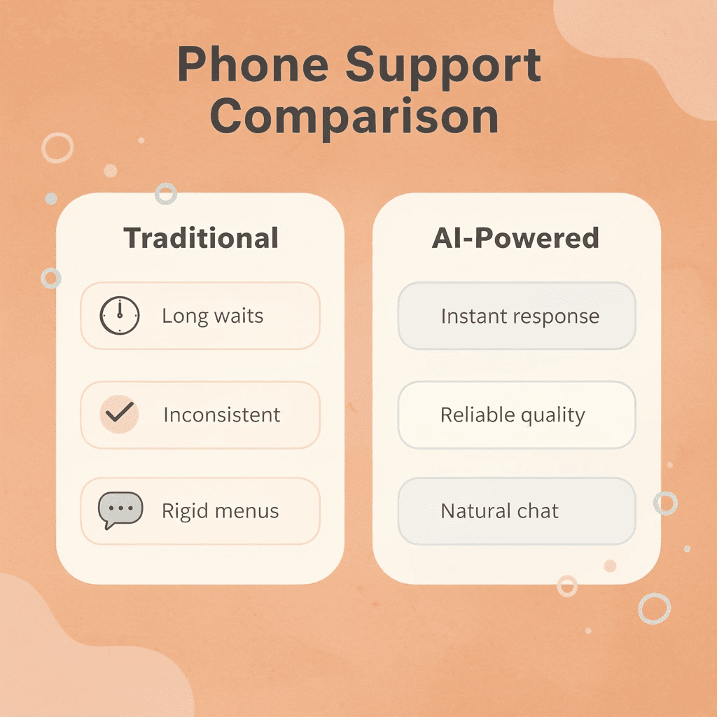 Comparison table showing traditional phone support versus AI-powered phone support benefits