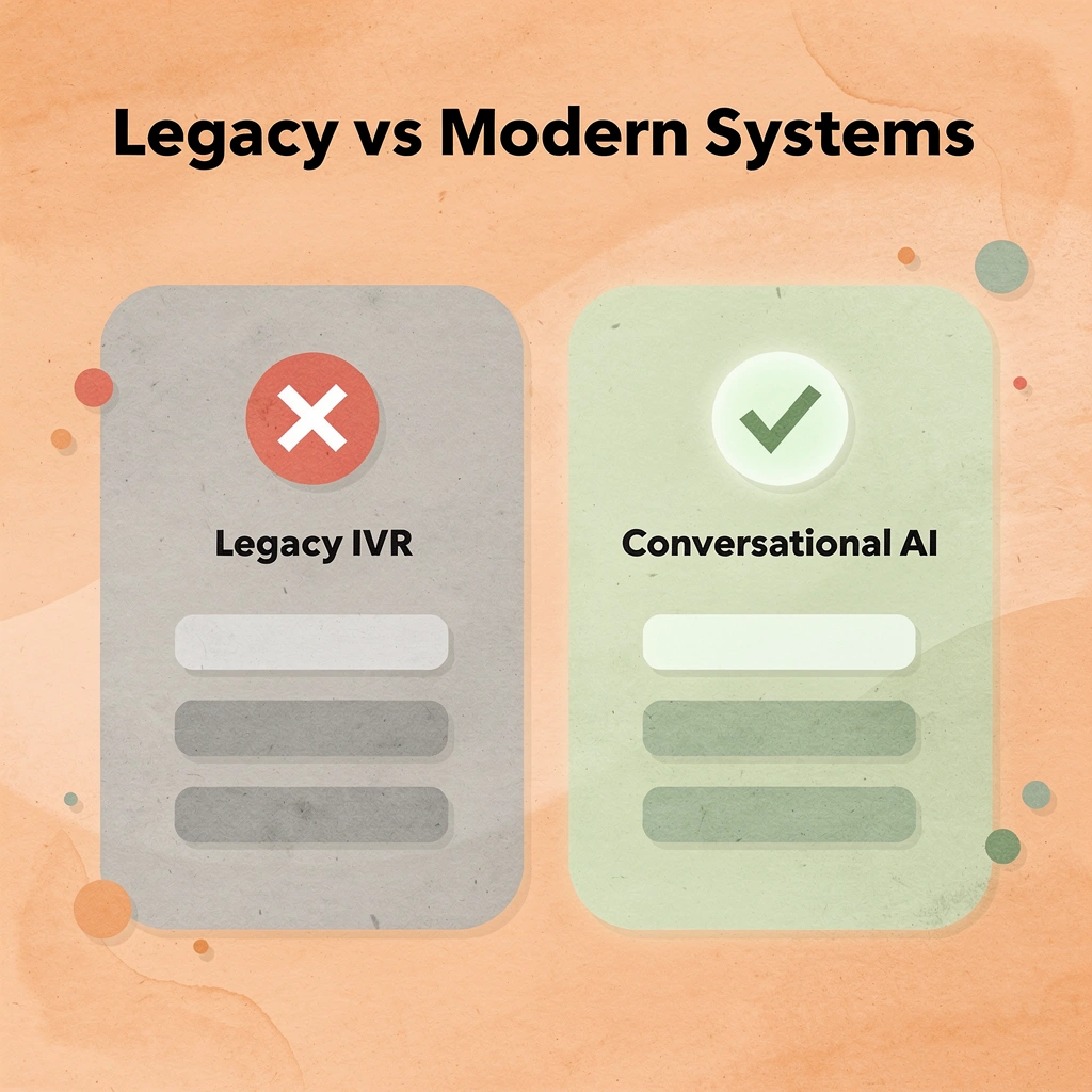 Before and after comparison showing transformation from legacy IVR to conversational AI