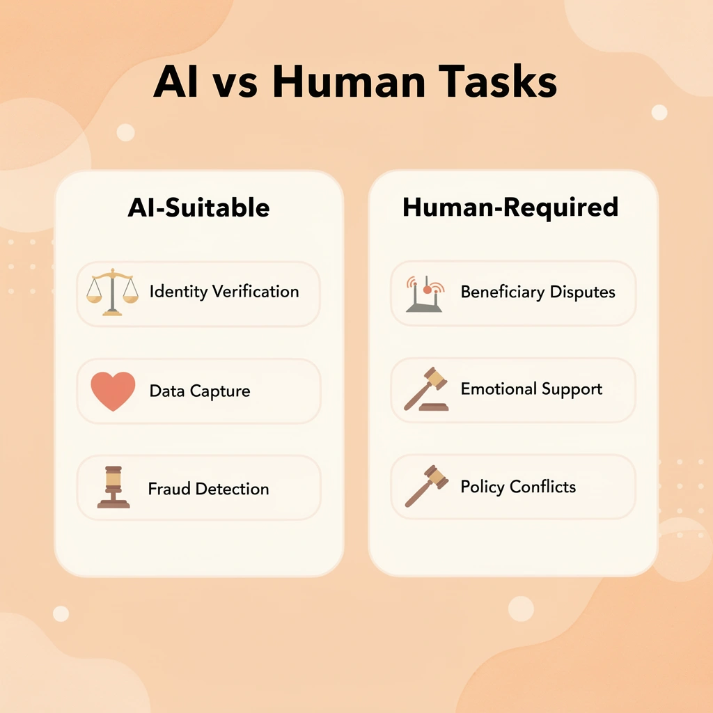 Comparison table showing AI-suitable tasks versus human-required tasks
