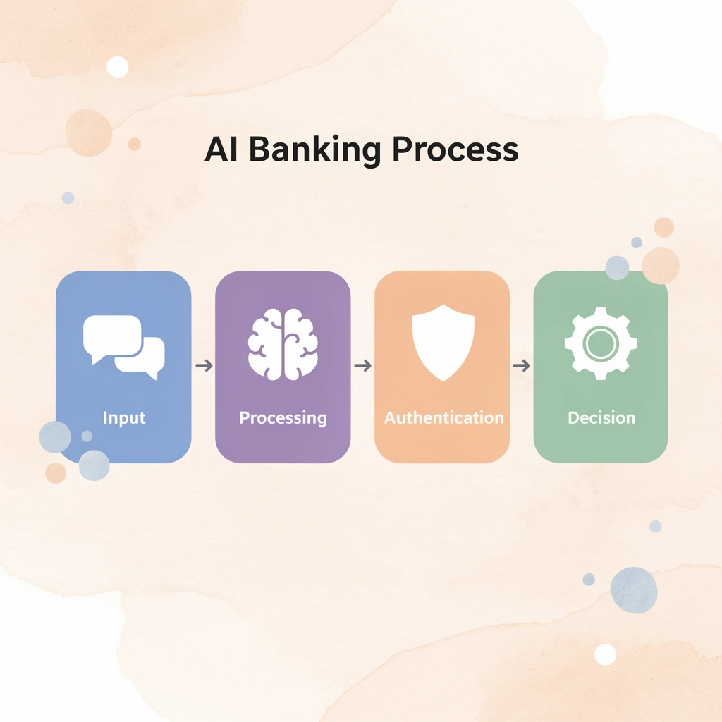 Process flow showing AI banking automation steps from input to decision