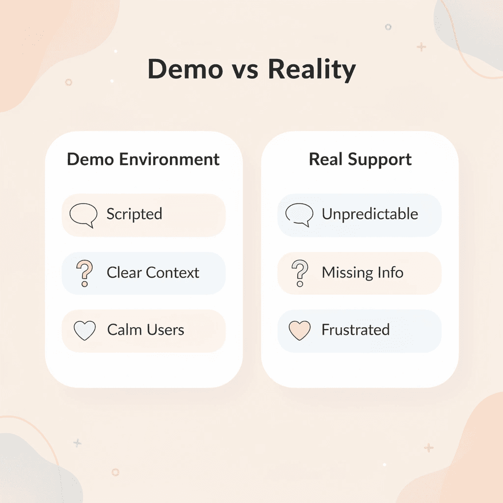 Comparison table showing demo environment versus real customer support difference