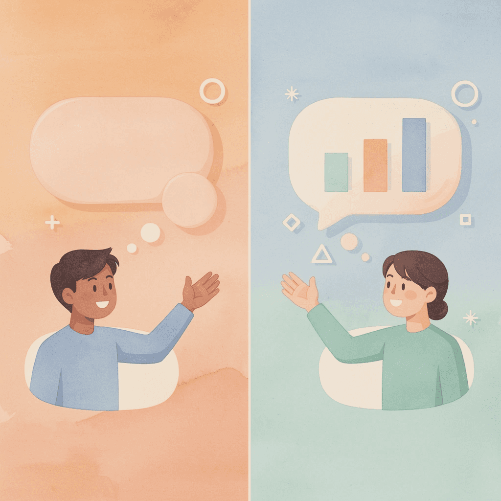 Split scene illustration showing AI pattern matching versus human judgment calls