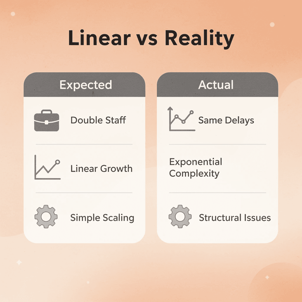 Comparison between expected linear scaling and actual exponential complexity