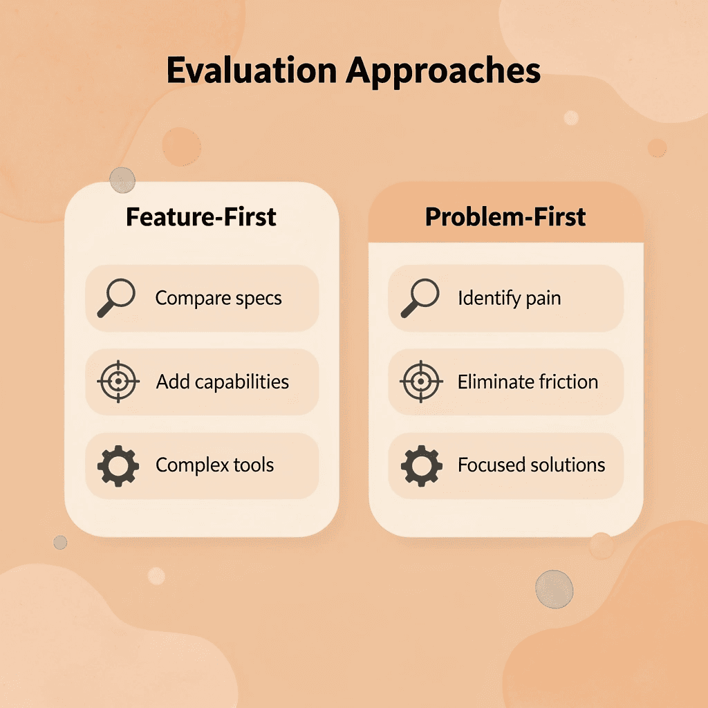 Comparison chart showing feature-first versus problem-first evaluation approaches