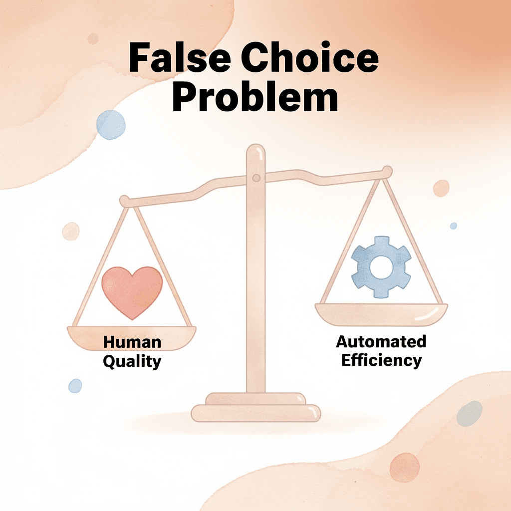 Balance scale showing false choice between human quality and automated efficiency