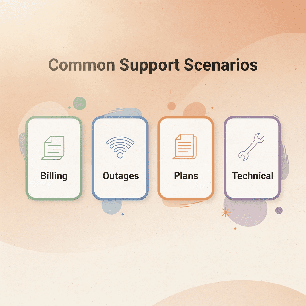 Four cards showing common telecom support scenarios
