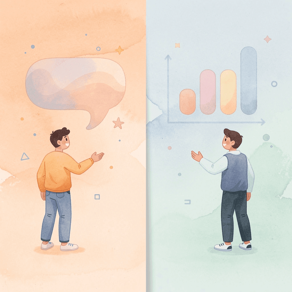 Split scene showing contrast between scripted responses and complex customer needs