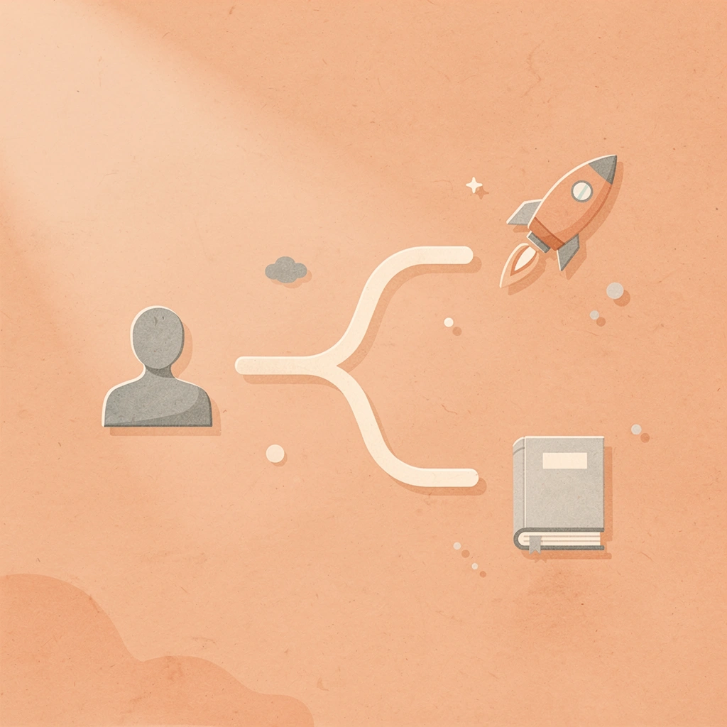 Robot icon splitting into two paths representing AI implementation outcomes